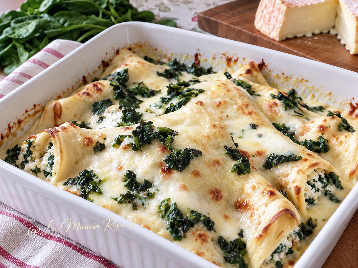 Crepes ricotta spinaci e fonduta di taleggio