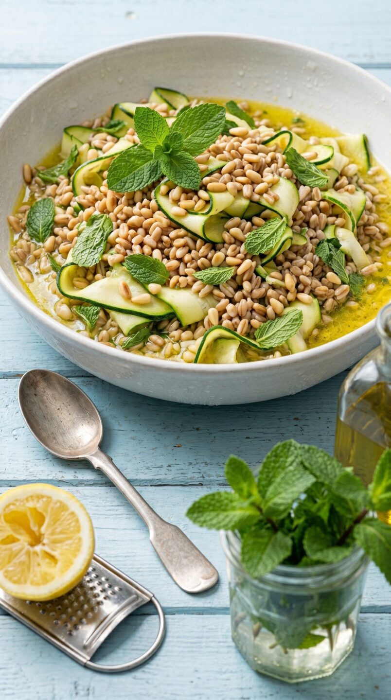 insalata di farro, zucchine, menta e limone