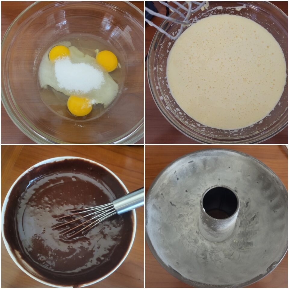 Collage dei passaggi per la preparazione: uova con zucchero, impasto allo yogurt, composto al cacao e stampo imburrato e infarinato 