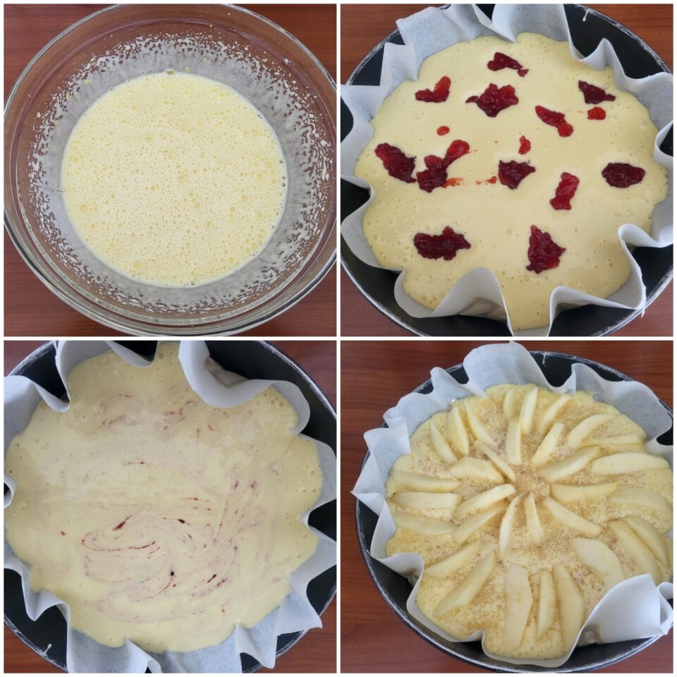 passaggi per la preparazione della torta : ciotola con impasto lavorato con tutti gli ingredienti, stampo con il composto e l'aggiunta ti marmellata, stampo con le mele tagliate a fette e ben disposte con zucchero di canna in superfice