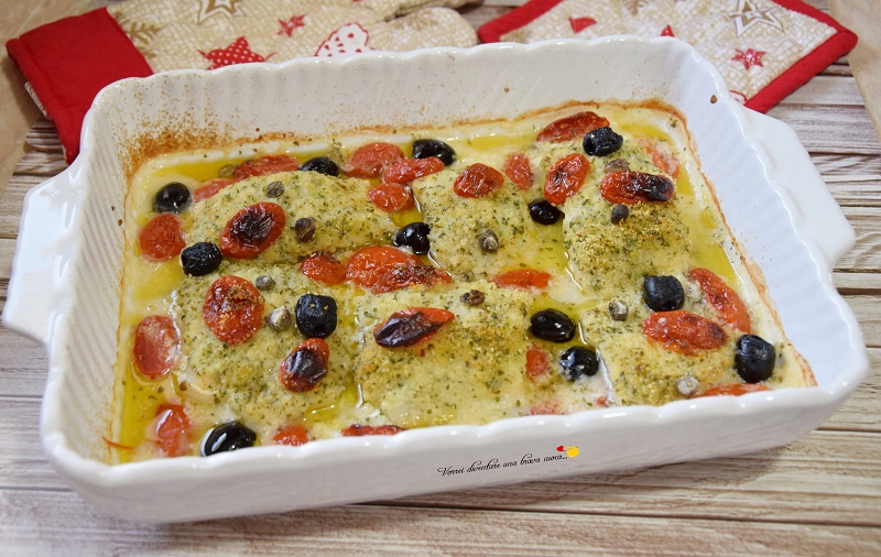 baccalà con olive e pomodorini al gratin