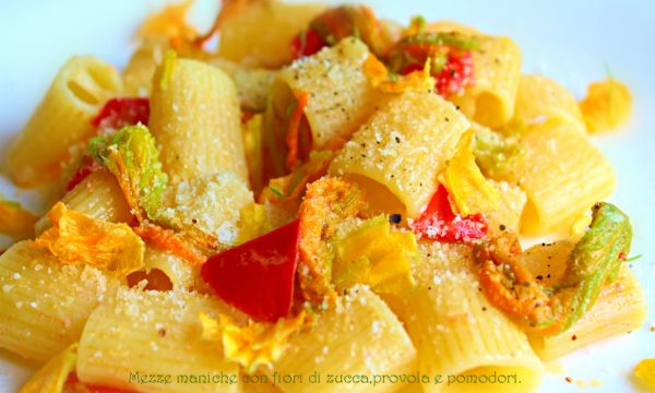 Mezze maniche fiori di zucca,provola e pomodori.